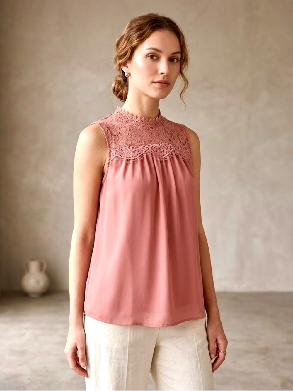 Vero Moda Sleeveless Lace Yoke Blouse in Dusty Pink